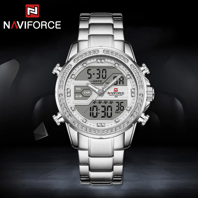 

NAVIFORCE Watch for Men Silver Quartz Digital Relogio Luminous Week Display Montre Waterproof Business Accurate Wristwatches