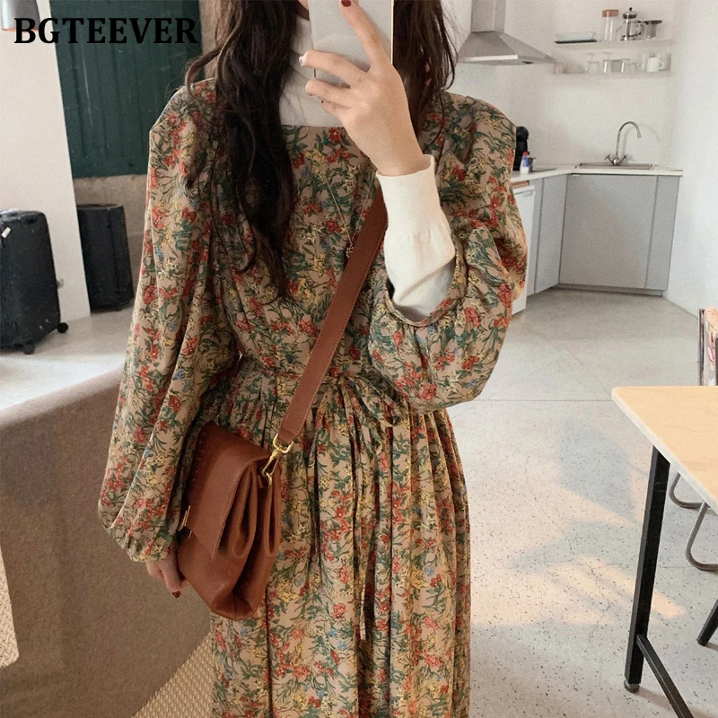Винтажное женское платье BGTEEVER с квадратным вырезом и пышными рукавами весеннее