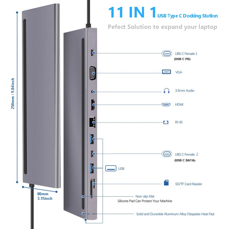 11 в 1 USB Type C концентратор адаптер для ноутбука Док Станция HDMI VGA RJ45 PD MacBook HP Lenovo