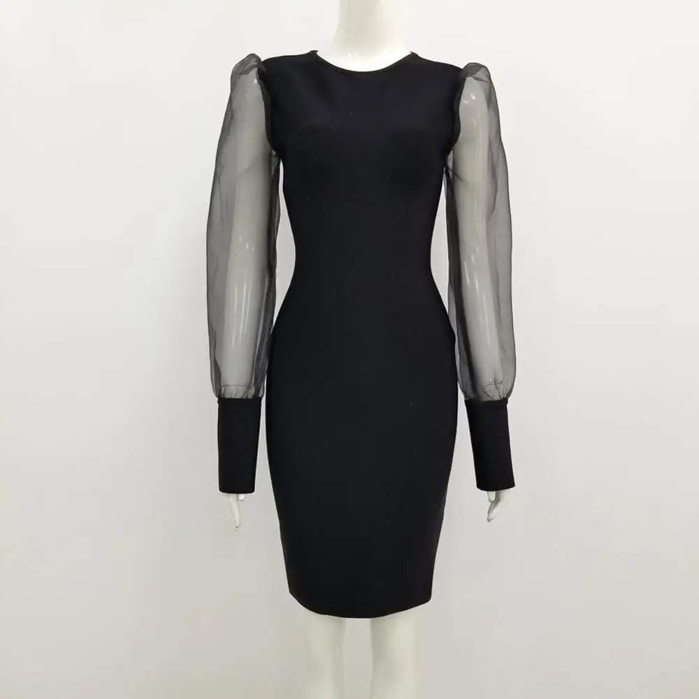 Hot Sale 2020 Sexy Long Sleeve Mesh Bodycon Rayon Black Winter Bandage Dress Designer Fashion Evening Party Vestido | Женская одежда