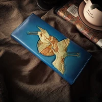 handmade carving red crowned crane lovers women wallets card holder purses men long clutch vegetable tanned leather