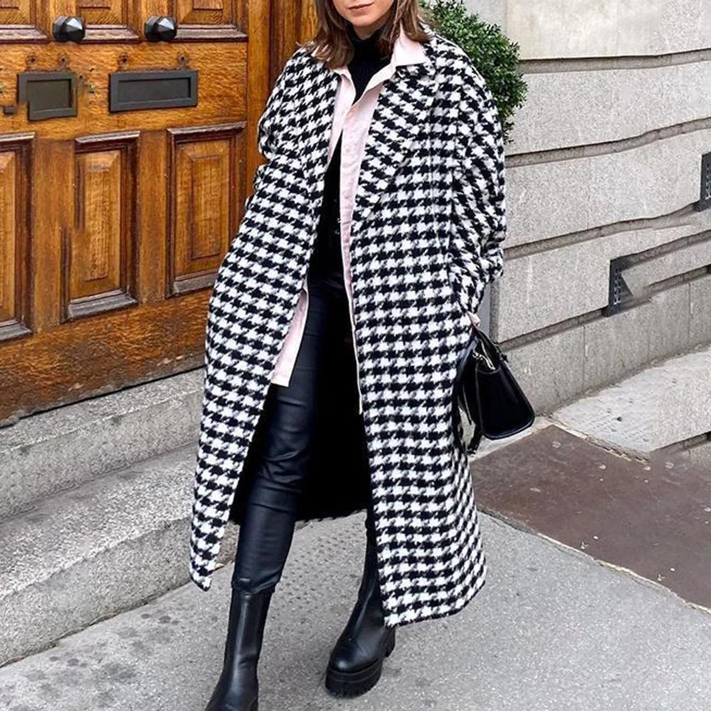 

2021 Autumn Winter New Womens Fashion Overcoat Houndstooth Printing Lapel Long Sleeve Casual Simplicity Long Women Coat