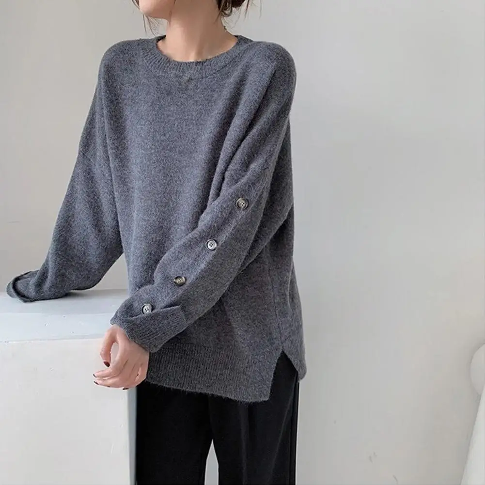 

2020 Autumn Winter Women Loose Top Pullover Chic Jumper Button Decor Knitwear Casual Sweater Femme