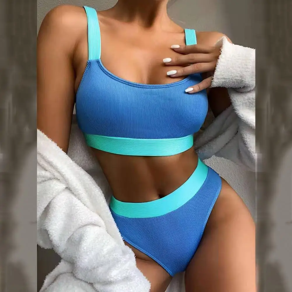 

Summer Women Bikinis Bathing Suit Padded Bra High Waist Briefs Color Block Ribbed Bikini Set for Summer vetement femme 2021