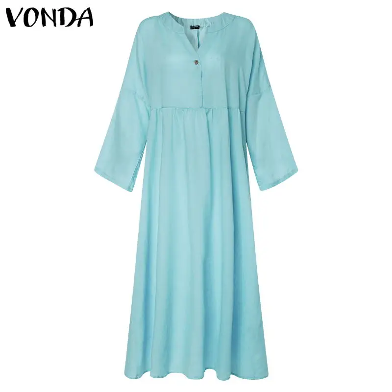 Sky Blue VONDA, платье-рубашка, женский сарафан, летний, длинный рукав, v-образный вырез, длинное, макси, Vestidos, Женская Повседневная Туника на пуговицах, халат размера плюс - Цвет: Sky Blue