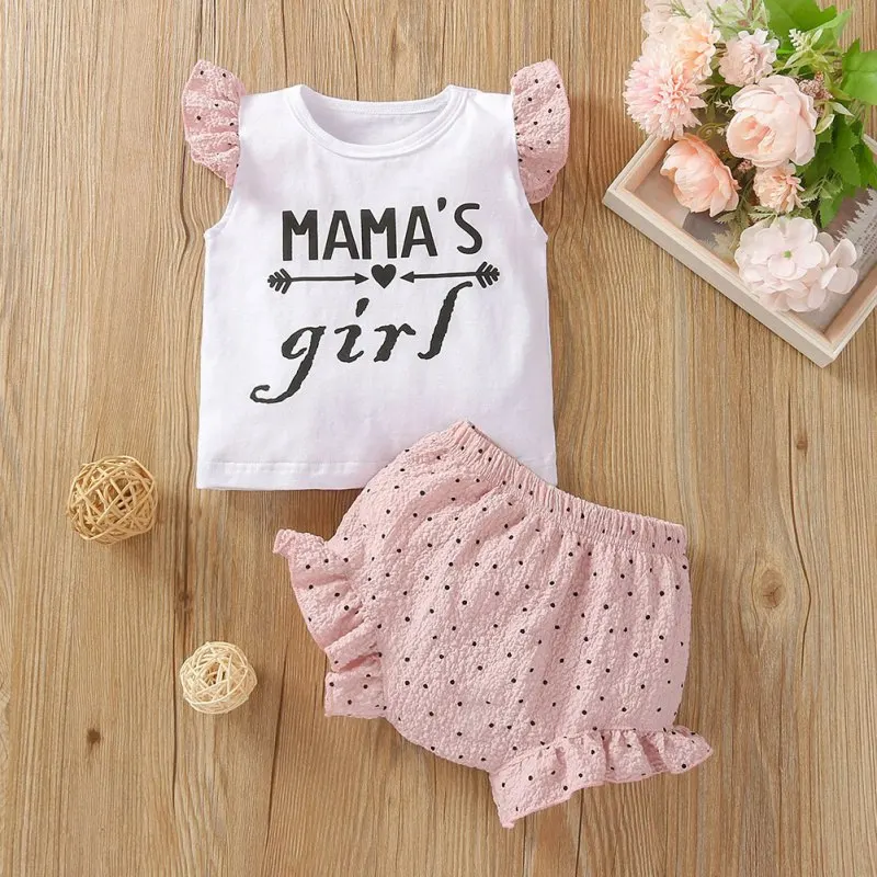 

Baywell Summer Children Baby Girls Casual Letter Print Short Sleeve T-shirt Tops+Ruffle Shorts Outfits Set