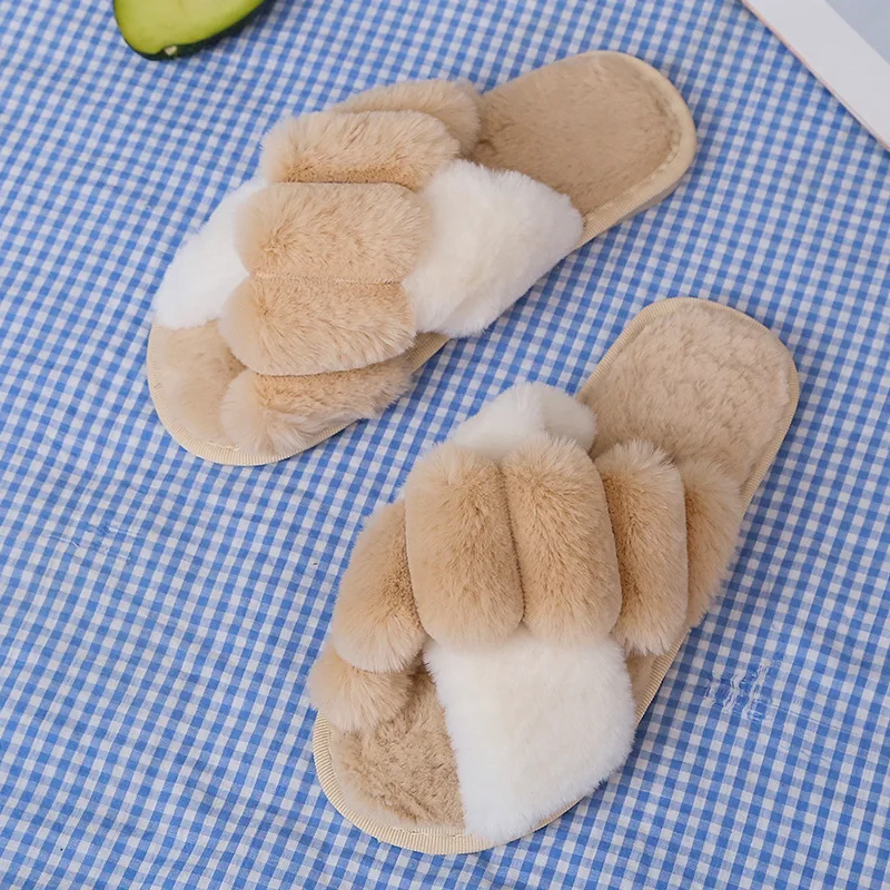 

2021 New Cross Plush Slippers Women Flat Bottom Indoor Home Floor Plush Slippers Soft Floor Shoes