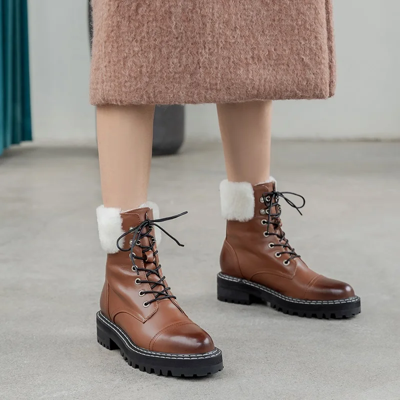 

ankle boots woman platform women shoes genuine leather fur female women's warm winter snow boots chunky heel lace up footwear