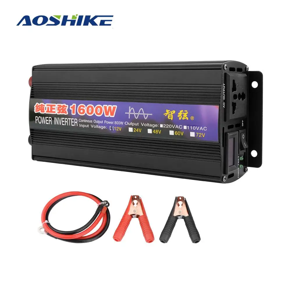 

AOSHIKE 1PC Car Inverter Pure Sine Wave Power Converter Booster DC12V/24V to AC220V 50HZ 1600W for Car Inverter Household