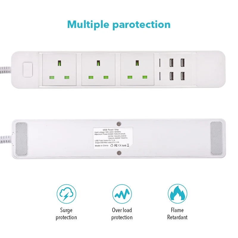 Смарт-Мощность полосы 3 UK розетки разъем с выходом 5V 3.1A 1USB 2.4A 4 USB быстрой зарядки