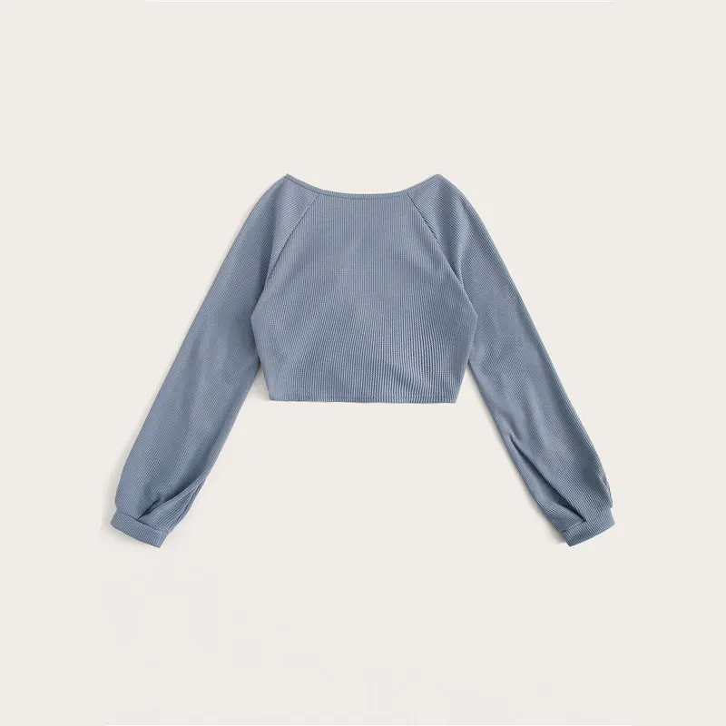 ROMWE V шеи Drawstring Передняя футболка осенняя одежда для женщин Повседневная короткий топ с длинными рукавами осенние однотонные женские топы одежда