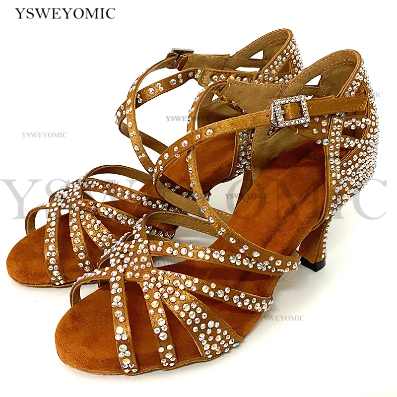 2021 Spring Rhinestones Salsa Dance Shoes Meduim Heel 7cm Stable Suede Outsole Practise Bachata Latin Dancing Shoes Women