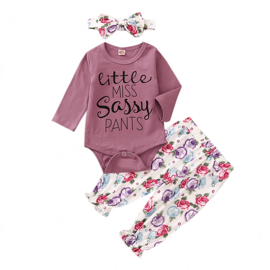 

Infant Baby Girls Set Clothes Letters Purple Long Sleeves Tops +Floral Pants Set