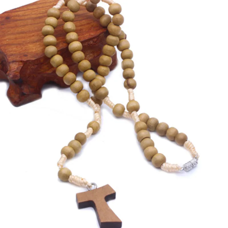 

New Fashion Style Catholic Jewelry Accessories Hand-woven Cross Pray Wooden Rosary Necklace Fine Gifts For Unisex