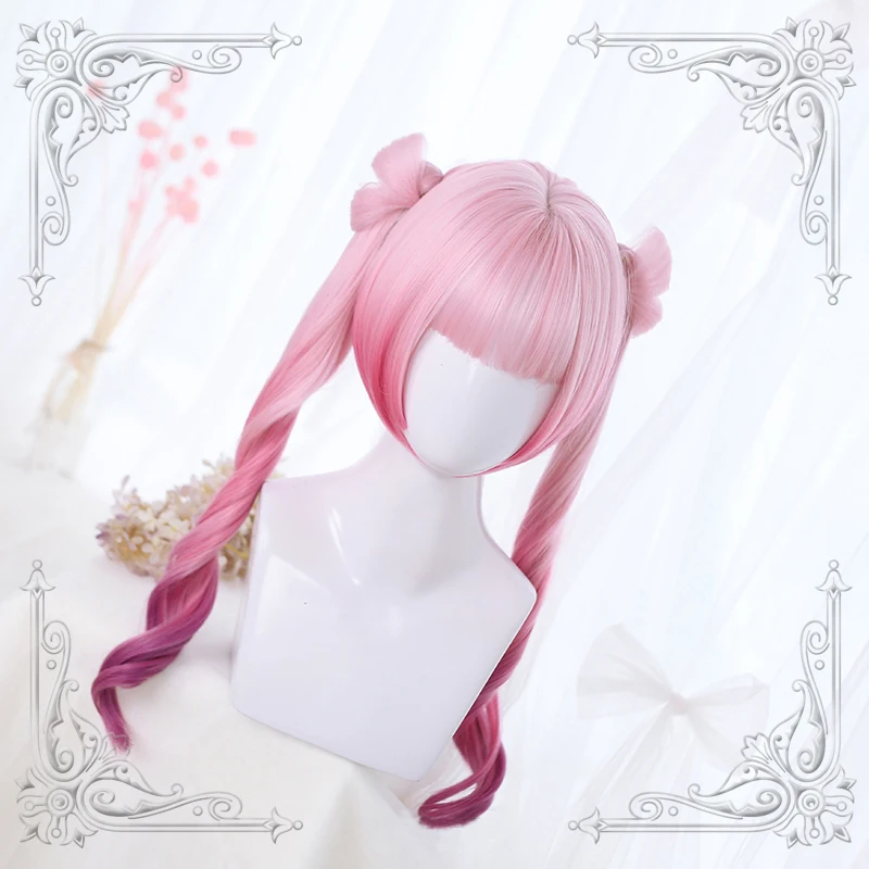 

High Quality Lolita Pink Gradual Change Female Wig Tiger Mouth Clip Double Ponytail Long Curly Hair Cosplay Party