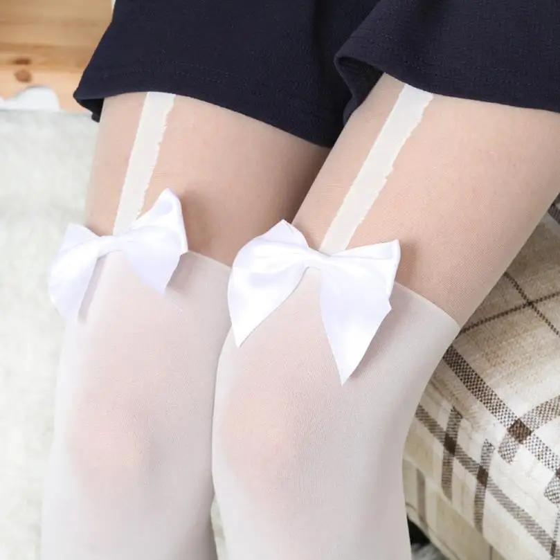 Bas Collants пикантные белые чулки тонкие колготки Для женщин бант колготки татуировки имитация банта на подтяжках, прозрачные чулки черные гольфы# BL5
