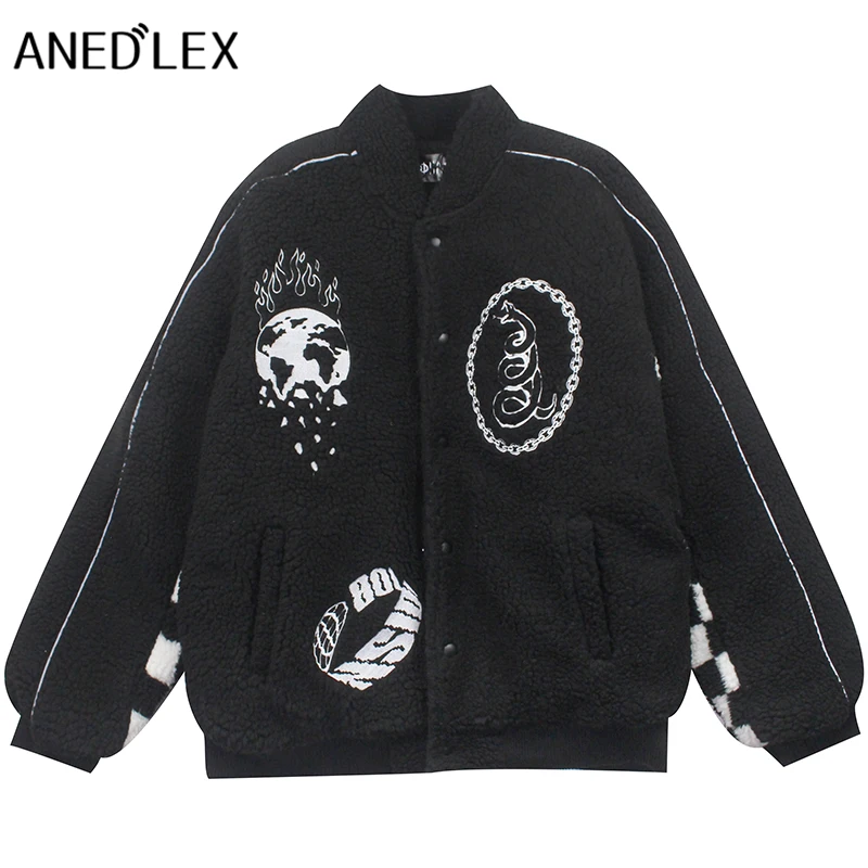 

Hip Hop Streetwear Men Furry Jacket Flame Earth Abstract Human Head Embroidery Jacket Coat Harajuku Cotton Fleece Winter Outwear