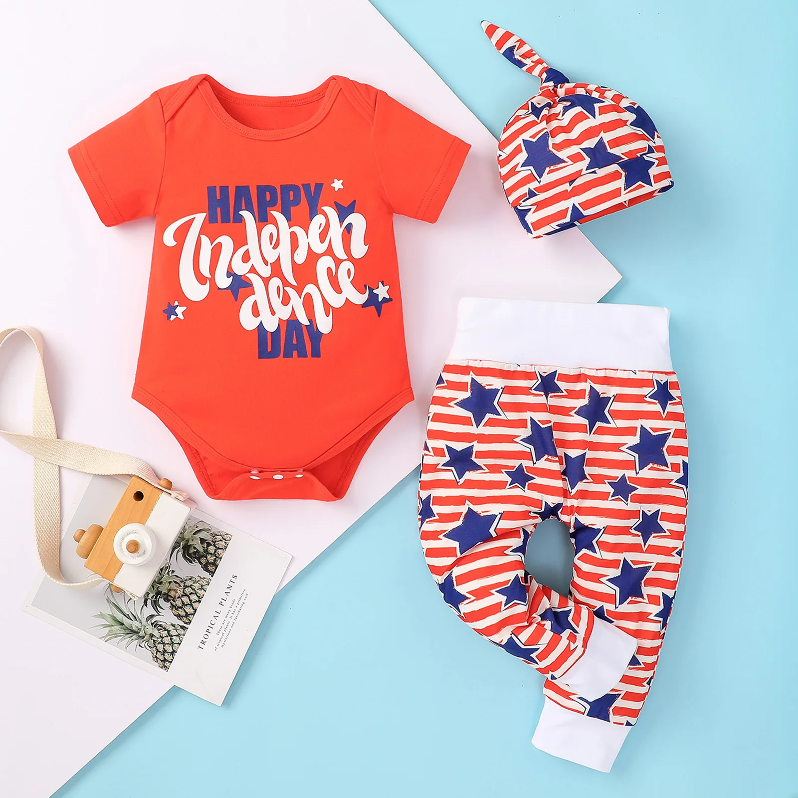 

2021-04-02 Lioraitiin 3Pcs Set 0-18M Infant Baby Boy Independence Day Clothing Red Letter Romper Top Long Pant Hat Outfit