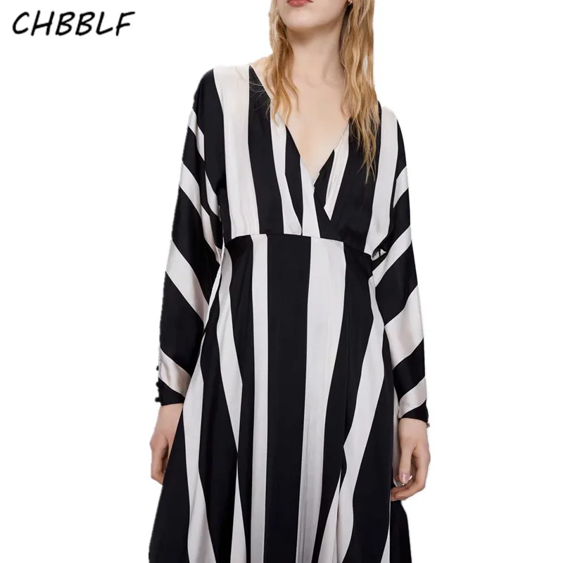 

Женское платье в полоску CHBBLF, черное повседневное Свободное платье с длинным рукавом, XDN9432