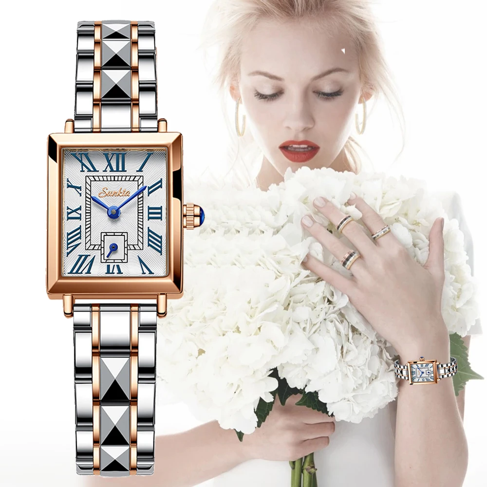 2021 LIGE Brand SUNKTA Women Watches Fashion Square Ladies Quartz Watch Bracelet Set Dial Simple Rose Gold Luxury Women Watches