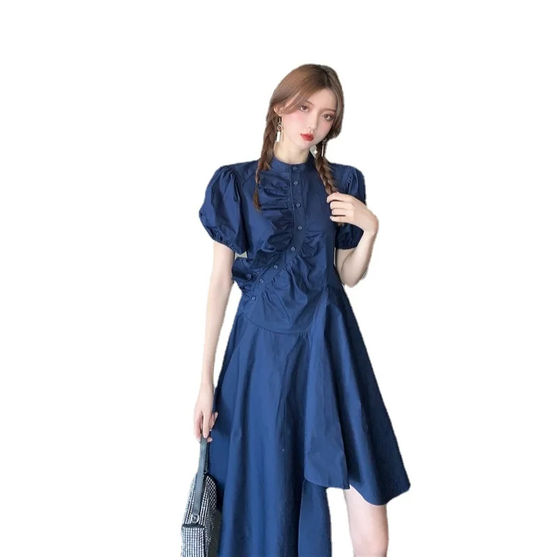 

2021 real photo dress women's summer stand collar bubble sleeve waist show slim irregular temperament skirt