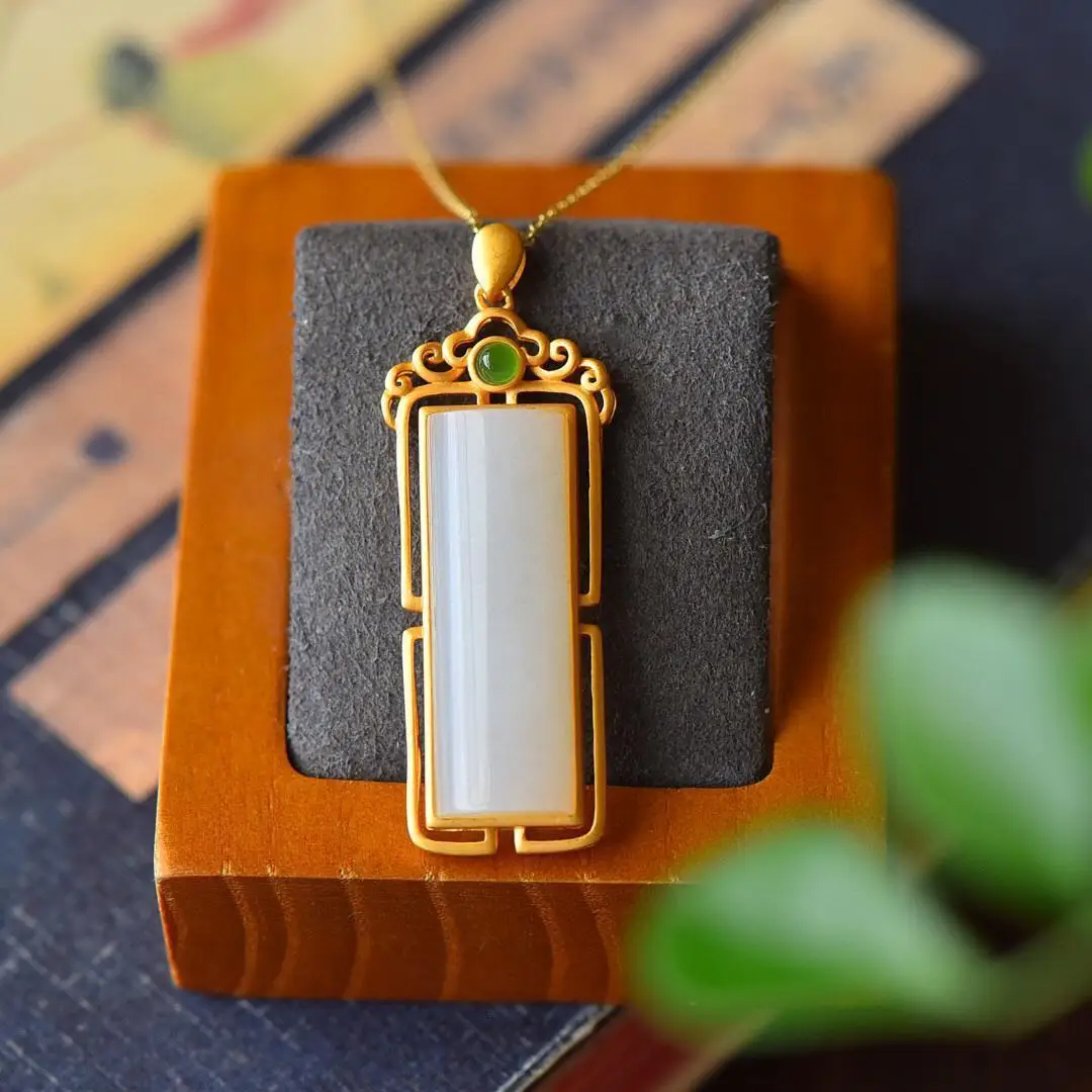 

New ancient gold craftsmanship inlaid natural Hetian jade square white clavicle necklace pendant exquisite ladies silver jewelry