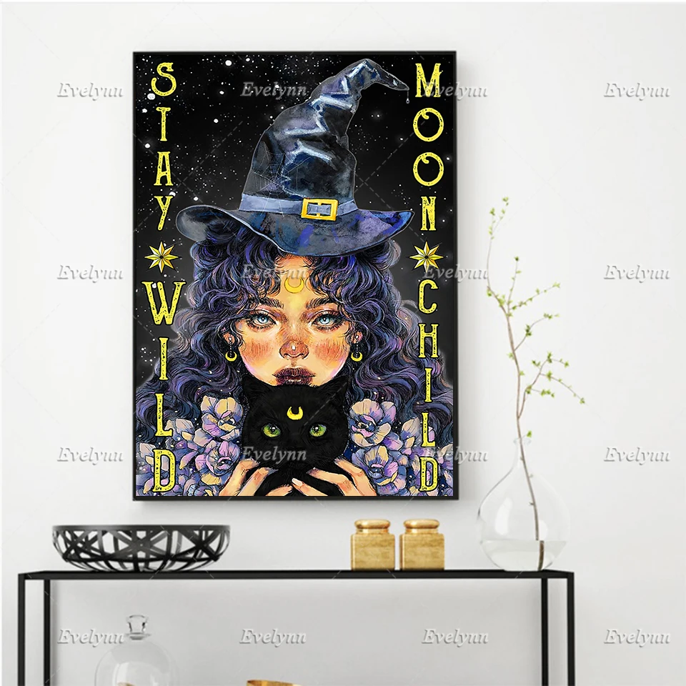 

Stay Wild Moon Child Hippie Witch Poster, All Saints' Day Cat Wall Art Prints Home Decor Canvas Unique Gift Floating Frame