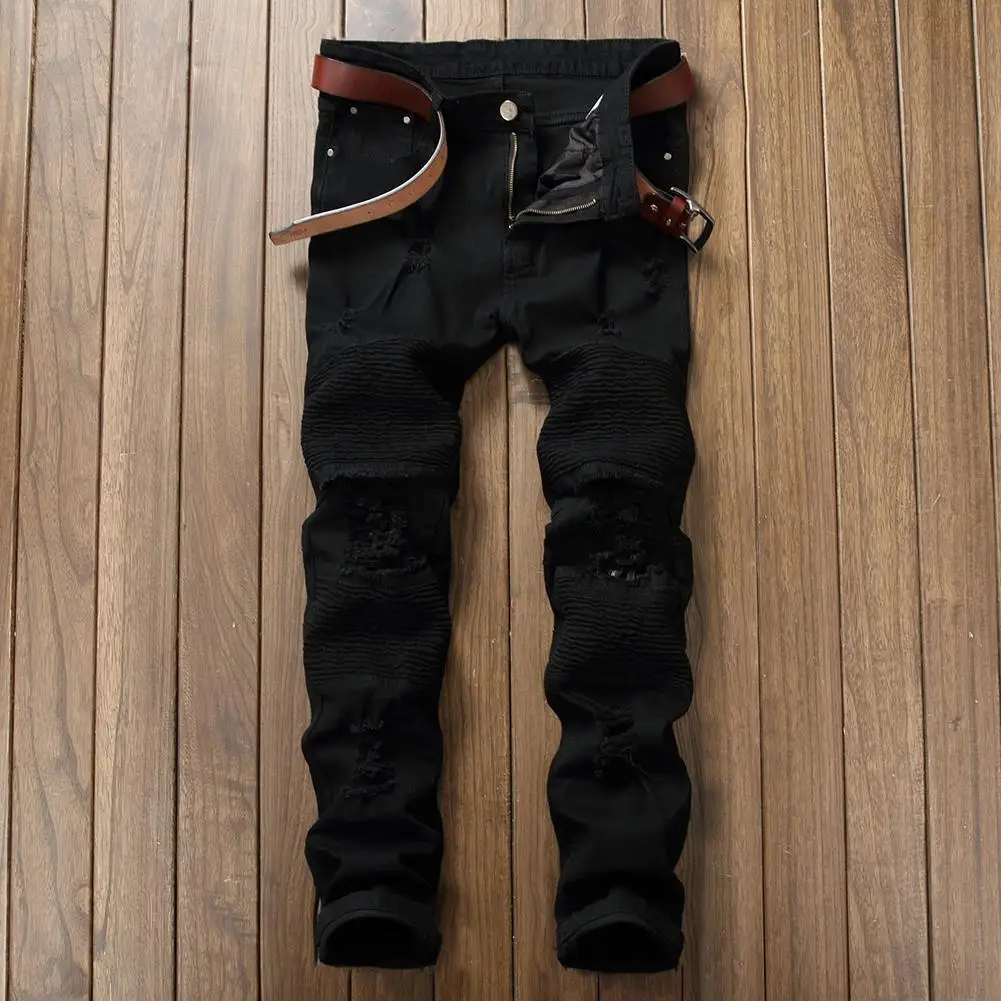 Модные мужские джинсы 2020 облегающие с потертостями однотонные зауженные прямые