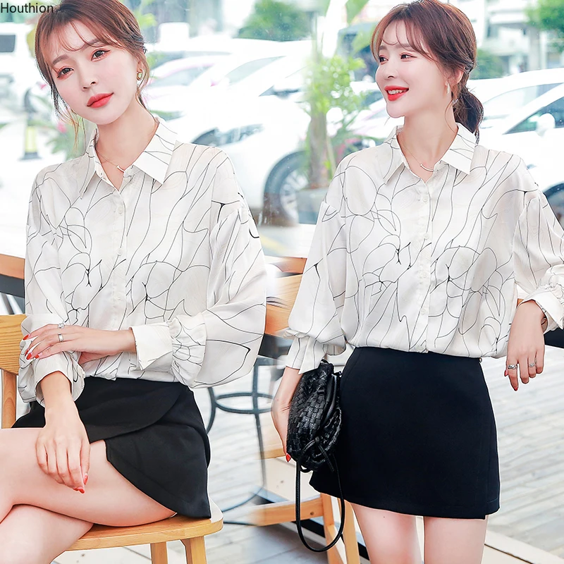 

Houthion New Silk Long-sleeved Women's Blouse Lapel Korean Tops Comfortable Fashion Casual Shirt