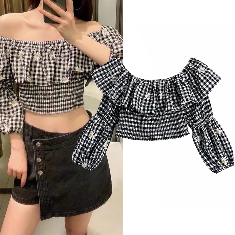 

WESAY JESI 2021 Ladies Top Sexy Strapless Navel Check Pattern Long Sleeve Fashion Elegant Retro Fresh Summer Casual Daily Wear