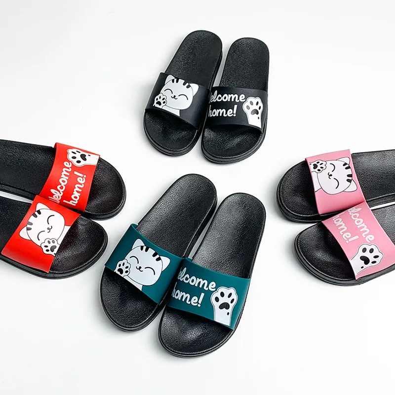 Модные женские тапочки Женская обувь с милым принтом мультяшного кота Уличные