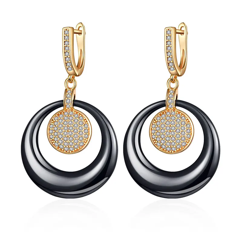 gold black MAIKALE, роскошные черно-белые керамические серьги, покрытые цирконием, золото/серебро, Круглый Круг, висячие серьги для женщин, ювелирные изделия, подарки - Окраска металла: gold black