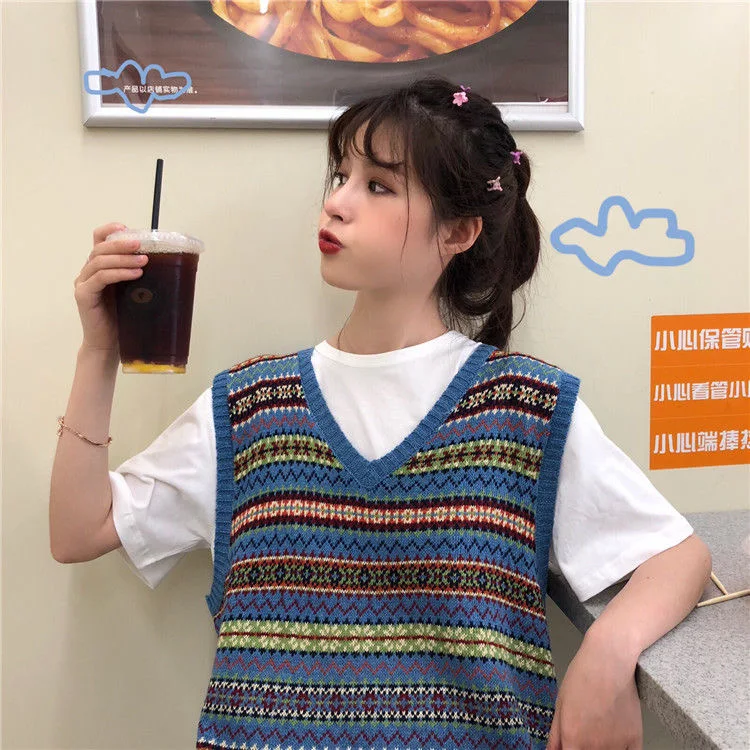 

Knit Sweater Vest Sleeveless Women Clothing England Style Preppy Style Oversize Striped Vintage Knitting Jumper