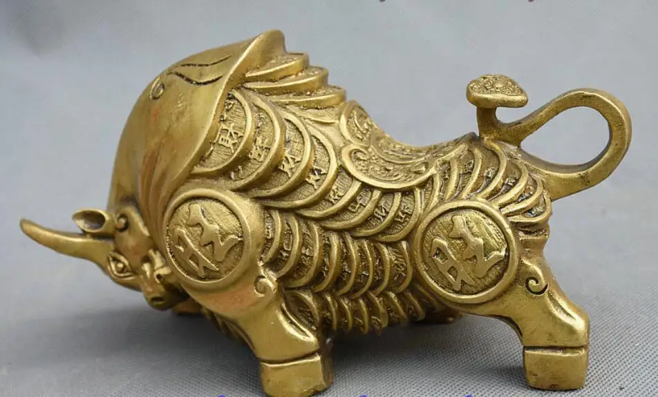 7&quot Chinese Folk Feng Shui Brass Wealth Coin Rich strong Zodiac Bull Oxen Statue | Дом и сад