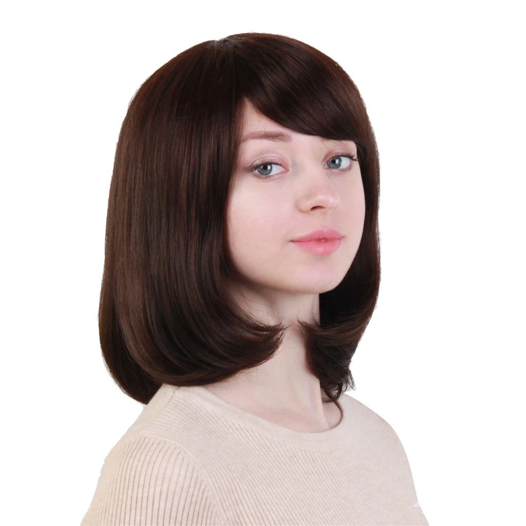 

Women Natural Human Hair Wig Maroon Color - Short Straight Hair Wigs Bob Style with Oblique Bangs Fringe - Heat Resistant 30cm
