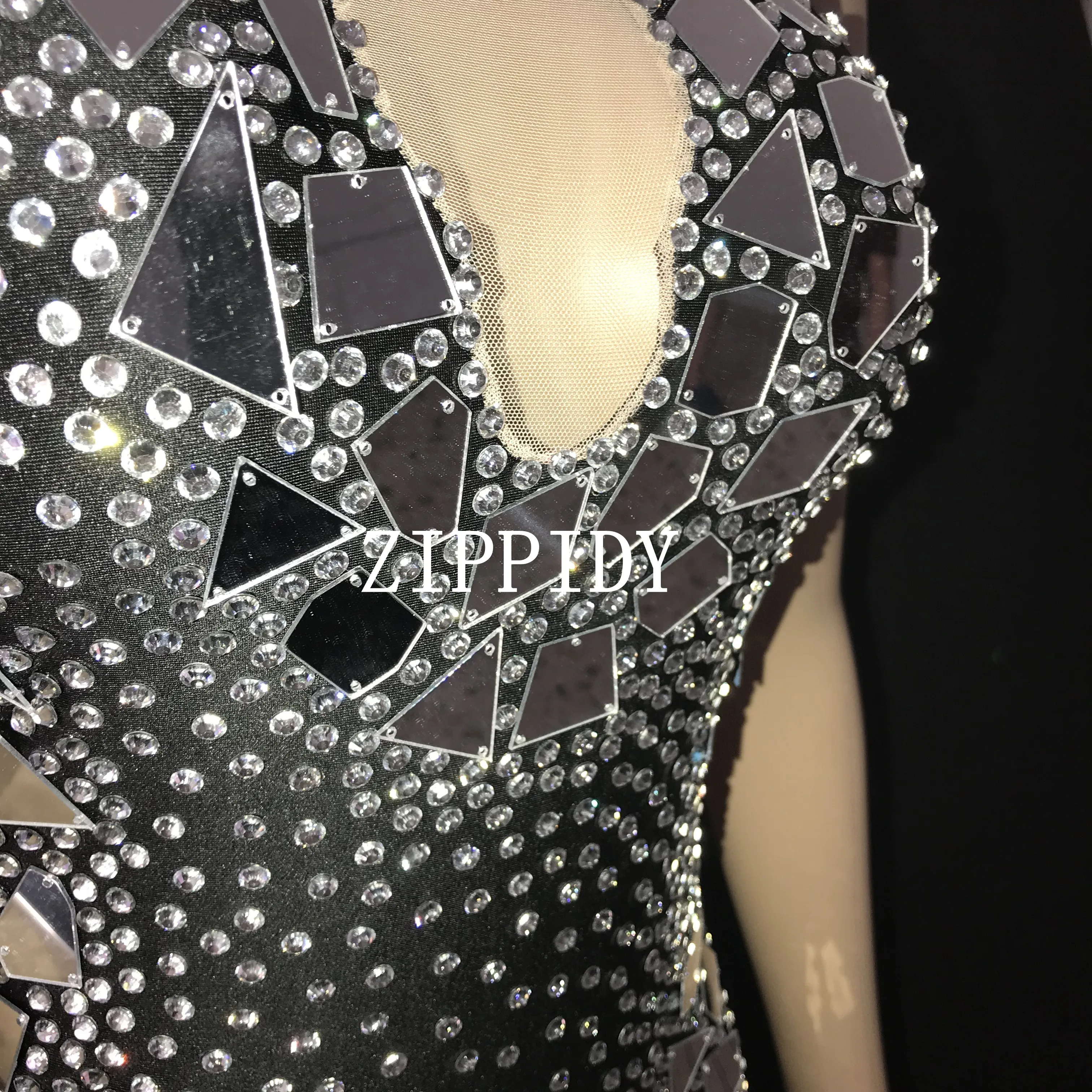 Flashing Silver Mirrors Rhinestones Dress Birthday Celebrate Black Shining Stage Latin DRESS Evening Bar Singer Dancer Show Outfit