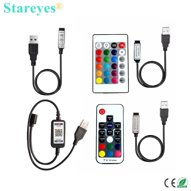 1 шт. DC5V USB светодиодный RGB контроллер мини 3Key Диммер IR 24Key RF 17key Bluetooth беспроводной