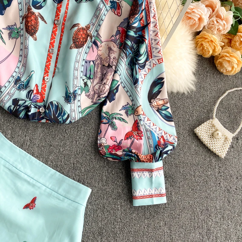 

CHICEVER Print Two Piece Set For Women Lapel Flare Sleeve Hit Color Shirt High Waist Bpodycon Skirt Vintage Sets Female 2021 New