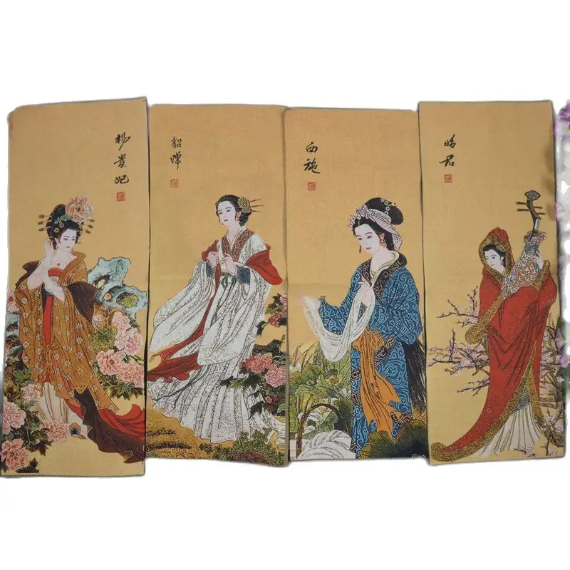 

Chinese Thangka Brocade Four Screen Embroidery Ancient Beauty Painting