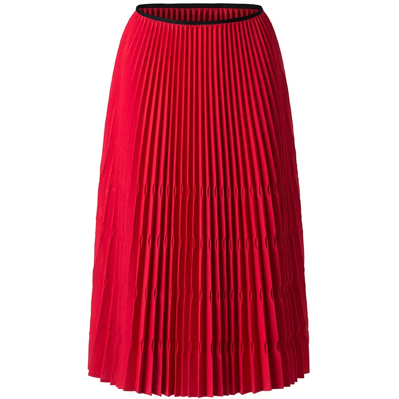 2021 Spring And Summer Red Pleated Long Skirt Women's Fashion Versatile Elastic High Waist Elegant Temperament Model Show Thin