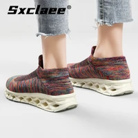 sxclaee fashion womens men casual shoes breathable flying woven upper sneakers non slip textured blade sole sports shoes 36 46