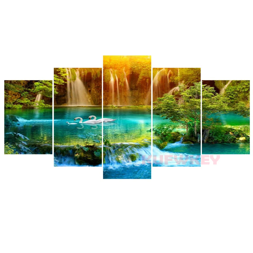 

waterfall swan lake diamond art full drill 5d diamond painting full square round mosaic diamond embroidery 5 pcs landscape,