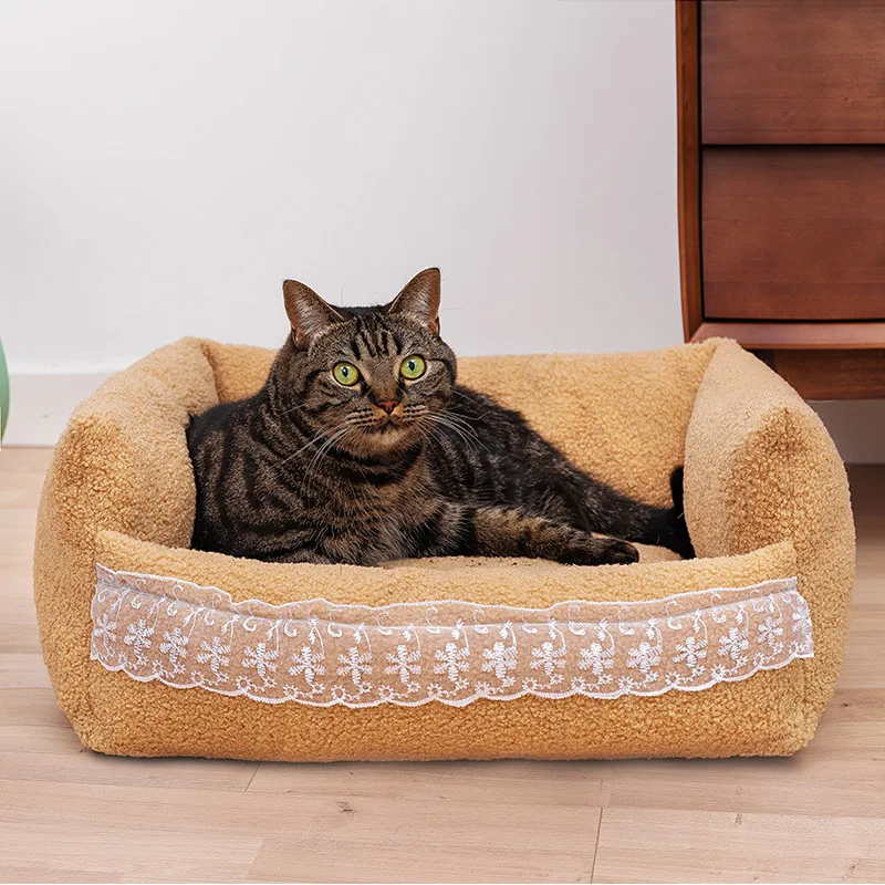 

For New Dog Beds Warm Sleeping Cotton Puppy Bed Washable Detachable Kennel Cat Nest Bottom Waterproof Lace Small Cat&Dog