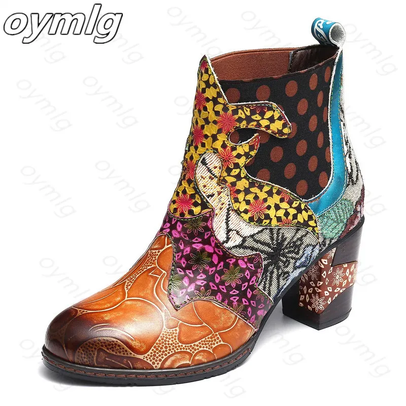 

Vintage Leather Printed Ankle Boots For Women Shoes Retro Block High Heels Winter Antumn Women Boots 2020 Fashion Booties