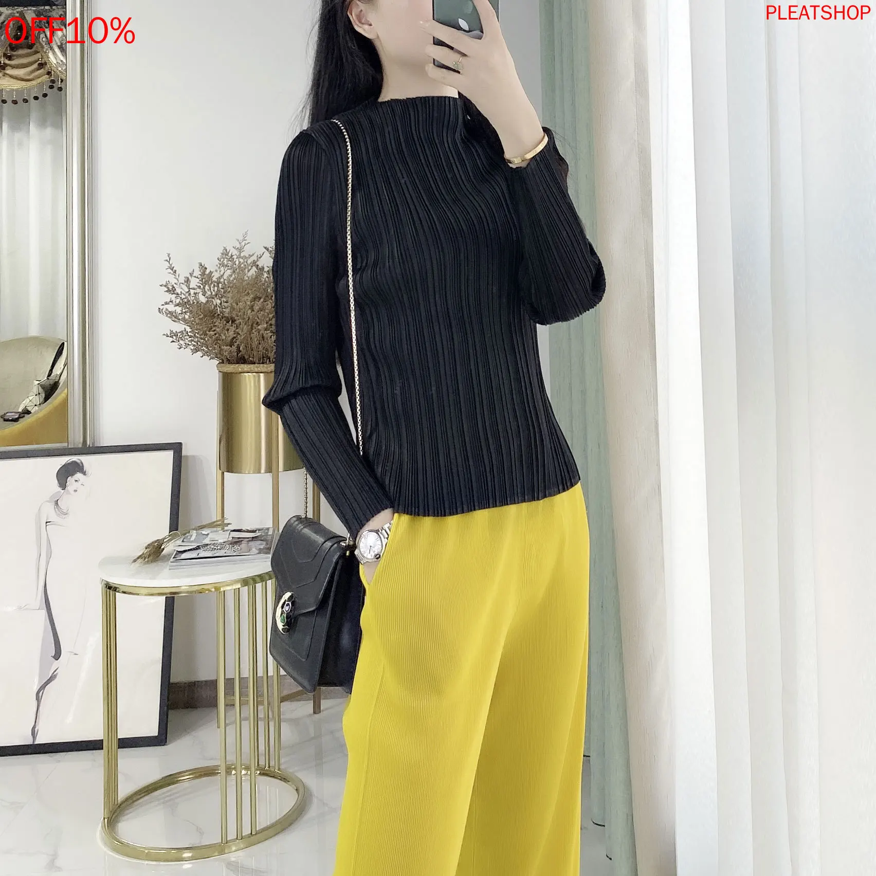 

Miyake pleated Korean base long sleeve top women's new half high collar solid color simple loose tops chemise femme tee shirt