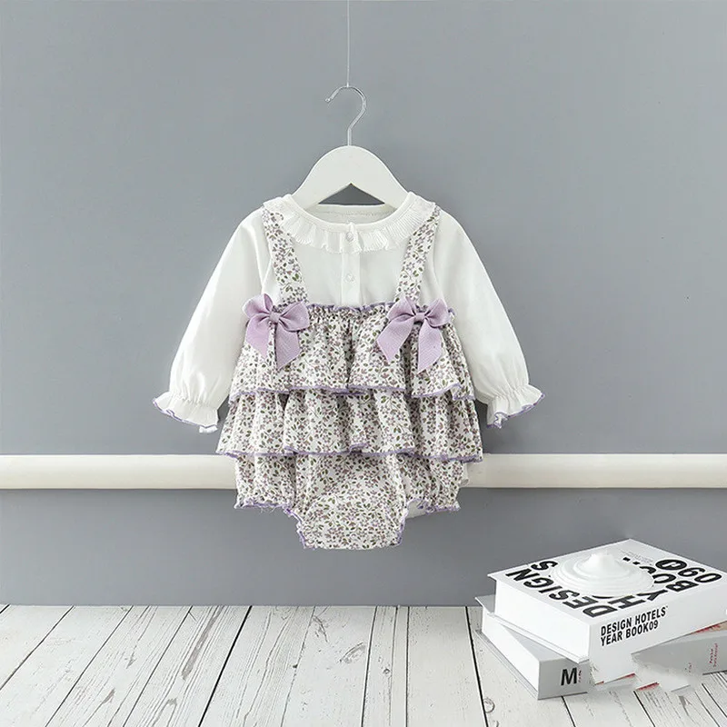 

Spring Cute Bowknot Long-Sleeved Women's Romper Floral Print One-Piece Pleated Ruffles Toddler Baby Girl Clothes Bodysuit