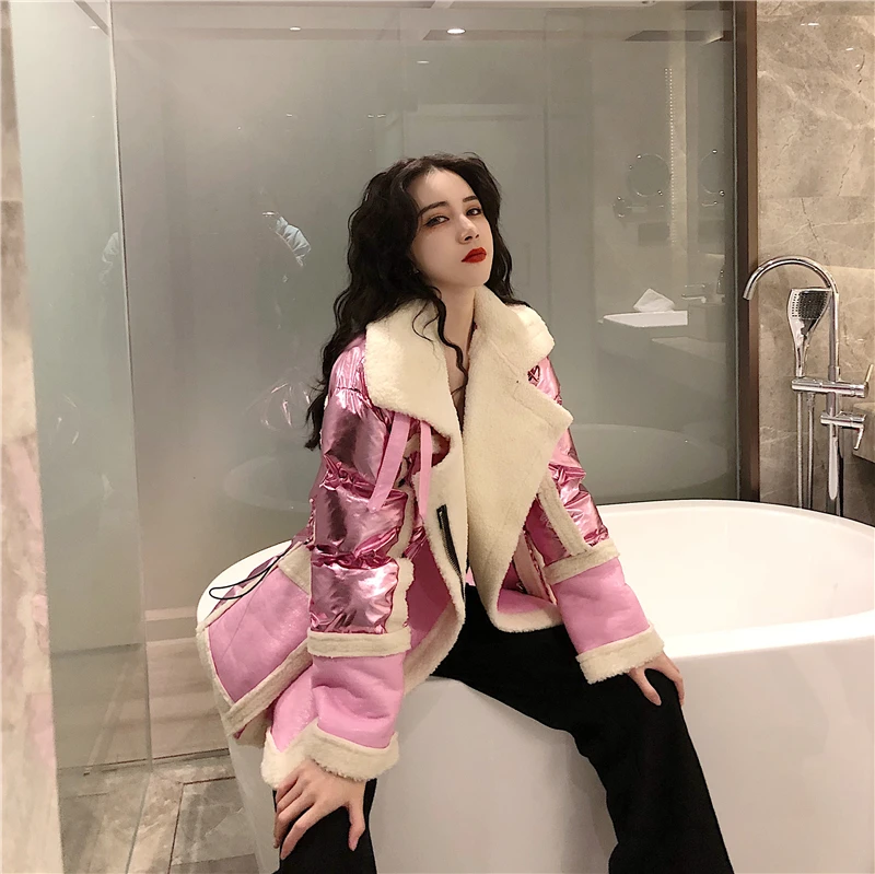 WHITNEY WANG осенне-зимняя модная уличная шерстяная куртка из искусственной кожи с подкладкой женская кожаная куртка в байкерском стиле Толстая парка пальто