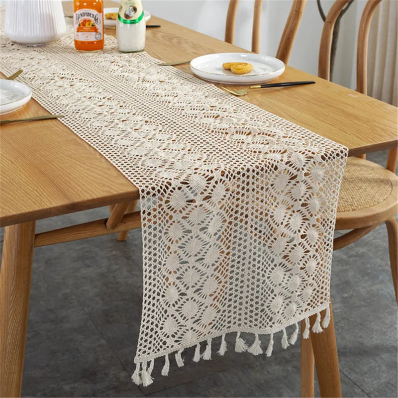 

Beige Crochet Lace Table Runner with Tassels Cotton Wedding Decor Hollow Tablecloth Table Cover For Home Dining Table Decor