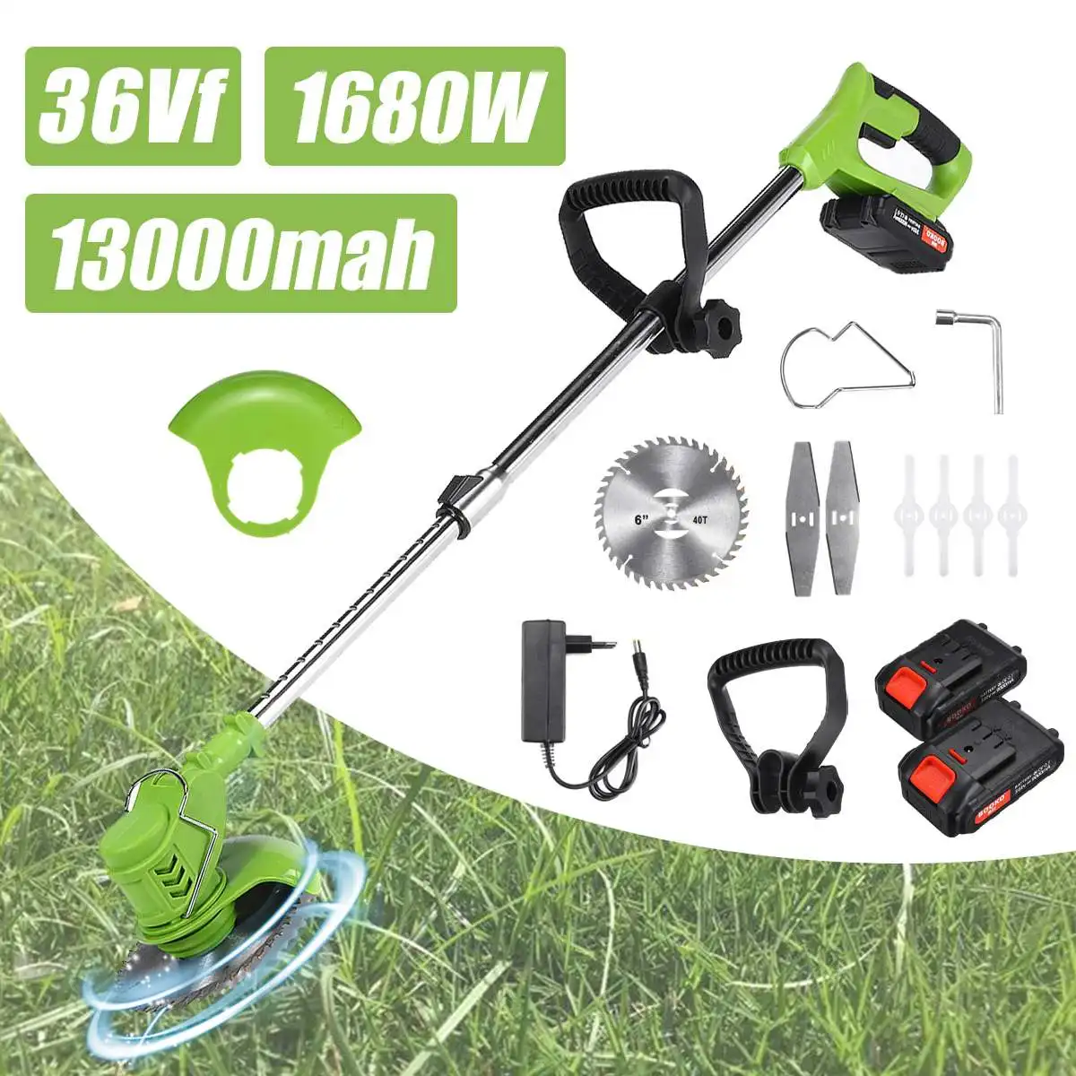 36Vf Electric Grass Trimmer Powerful Trimmers Brush Cutter Lawn Mower Cordless Cutting Machine Garden Tool with 2 Li-Ion Battery
