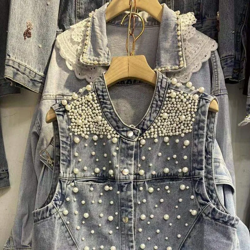 

Personalized Beaded Denim Clothing Vest female European Spring 2021 New Korean fashion Loose Slim Large Size Women's Wear Tops